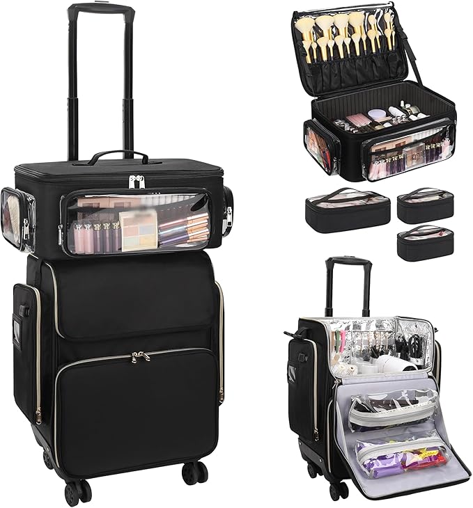 OCHEAL Hairstylist Traveling Case with a Large Makeup Travel Case with side Pocket for Hairstylist, Hairdresser Bag with Detachable Pouch,360° Rotatable Wheelsfor Hairdressing Tool Organizer