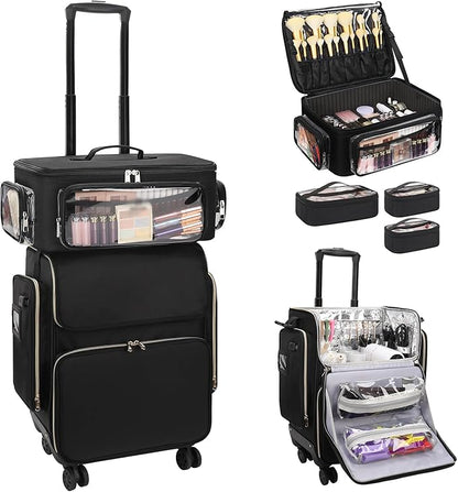 OCHEAL Hairstylist Traveling Case with a Large Makeup Travel Case with side Pocket for Hairstylist, Hairdresser Bag with Detachable Pouch,360° Rotatable Wheelsfor Hairdressing Tool Organizer