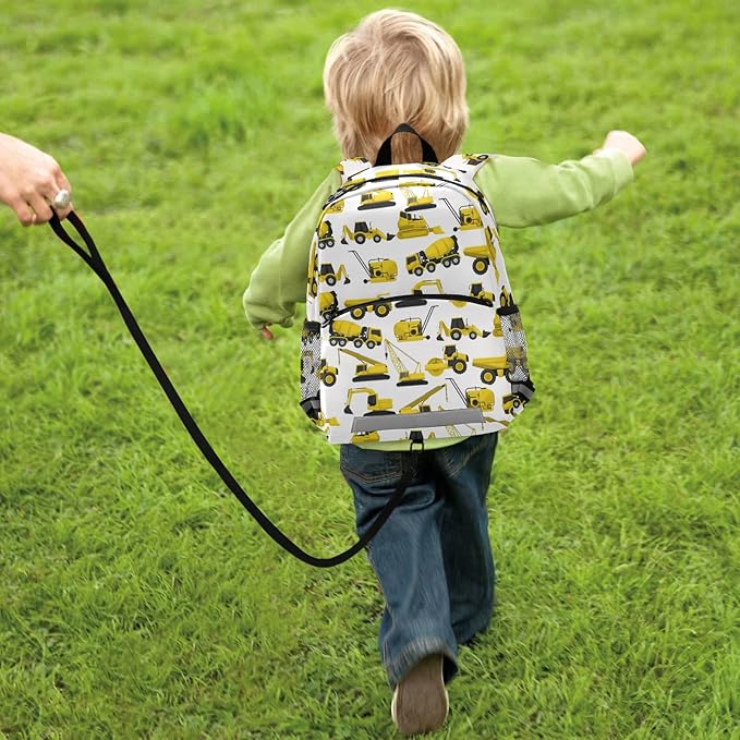 Construction Truck Excavator Bulldozer Kid's Toddler Backpack for Boys Girls Preschool Nursery with Safety Leash (01142)