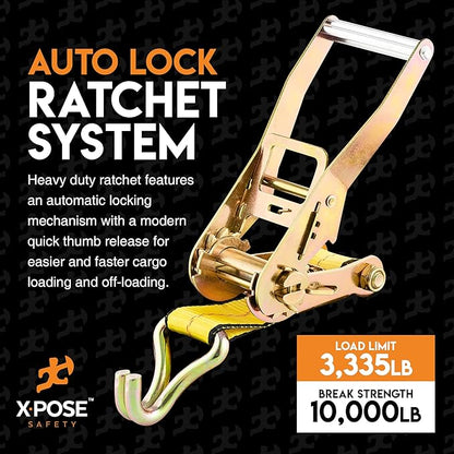 Ratchet Straps Heavy Duty 2" x 15' – 10,000 lbs Break Strength Tie Down Straps with Double J Hooks, Ratcheting Cargo Straps for Truck, Trailer, Kayak, Motorcycle & Moving – 4 Pack