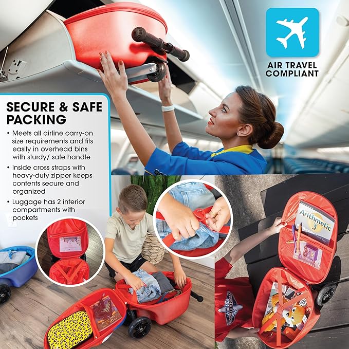 Kiddietotes 3-D Hardside Scooter Ride On Suitcase for Kids - Cute Lightweight Kids Luggage with Wheels - Fun LED Lights