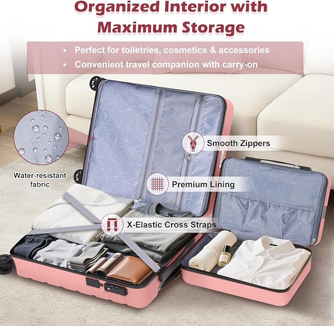 AnyZip Suitcase, 20" Carry On Luggage 14" Mini Cosmetic Cases Luggage Sets Hardside PC ABS Lightweight USB Suitcase with Wheels TSA for kids (2 Piece Set 14/20, Pink)