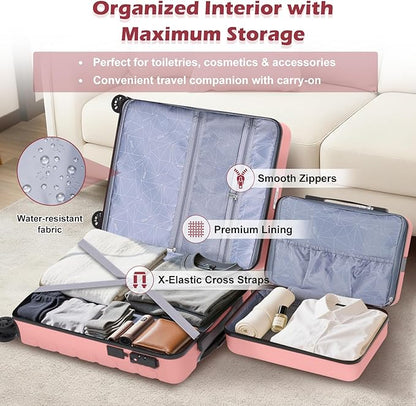 AnyZip Suitcase, 20" Carry On Luggage 14" Mini Cosmetic Cases Luggage Sets Hardside PC ABS Lightweight USB Suitcase with Wheels TSA for kids (2 Piece Set 14/20, Pink)