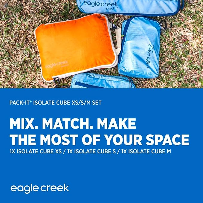 Eagle Creek Pack-It Isolate Cube Set - Packing Cubes for Stackable Storage - Convenient Top Handle - Easy Grab Zipper Pull - Storm Grey - XS/S/M - 3