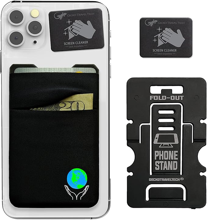 Gecko Travel Tech Double Pocket - Adhesive Card Holder - Cell Phone Pouch - Stick on Spandex Pocket - Carry Credit Cards and Cash (Earth Black)