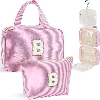 YOOLIFE Hanging Toiletry Bag for Women - Portable Makeup and Travel Bag, Cruise Ship Essentials - Letter B, Pink
