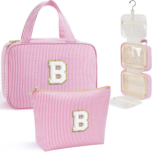 YOOLIFE Hanging Toiletry Bag for Women - Portable Makeup and Travel Bag, Cruise Ship Essentials - Letter B, Pink