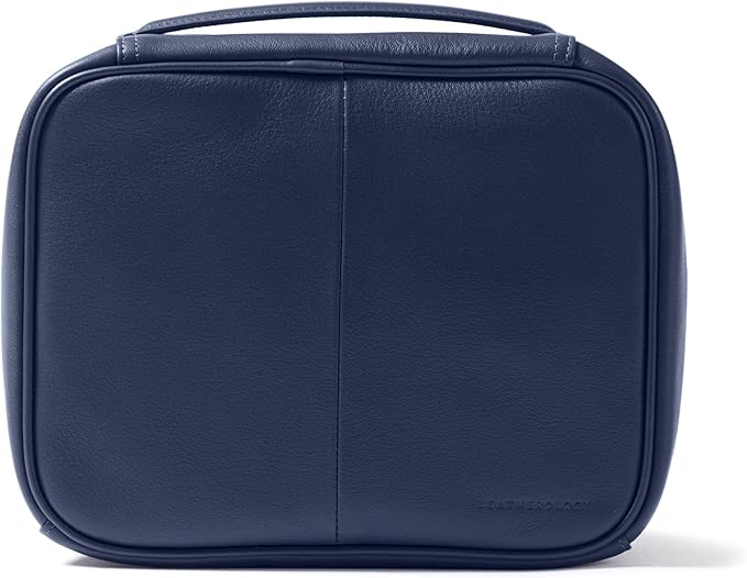Leatherology Navy Blue Large Travel Organizer – Full-Grain Leather Toiletry Bag with Zipped Mesh Pocket, Elastic Loops & Double Metal Zipper – Travel Storage for Cables, Toiletries & Essentials