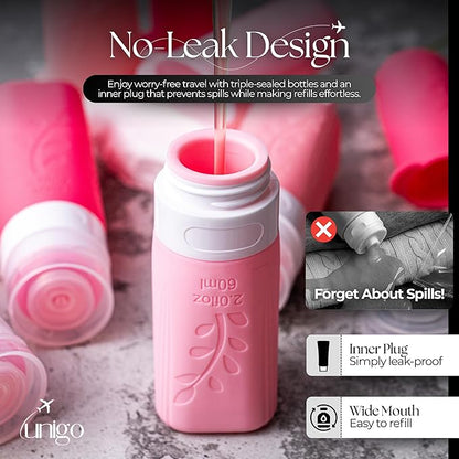 unigo 30 pack Full Set TSA Approved Travel Bottles, Travel Size Containers for Toiletries, Refillable Leakproof Travel Shampoo and Conditioner Bottles, Toiletry Containers,Extra Bottle Sleeves (Pink)