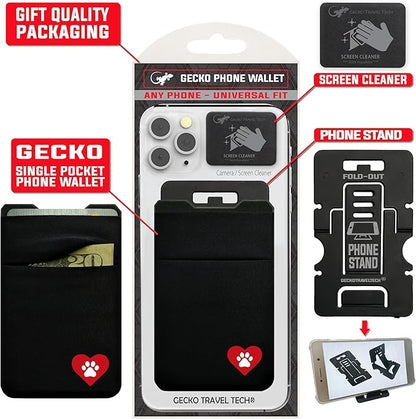 Gecko Travel Tech Double Pocket - Adhesive Card Holder - Cell Phone Pouch - Stick on Spandex Pocket - Carry Credit Cards and Cash - DOG HEART