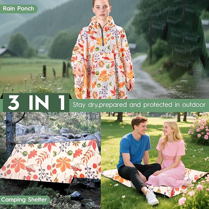 Bruvoalon 3-in-1 Rain Poncho with 1/4 Zip & Chest Pocket, Waterproof, Sunshade, Ground Mat for Adults & Youth Emergency