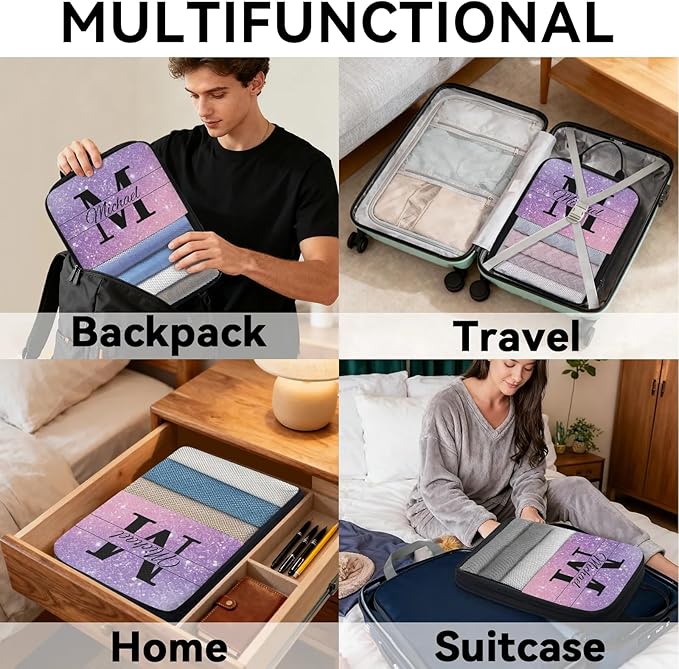 Personalized 6 Set Compression Packing Cubes for Travel Accessories Custom Initial Name Luggage Carry On Suitcase Compressible Expandable Packing Organizer, Purple Glitter
