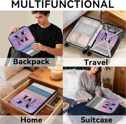 Personalized 6 Set Compression Packing Cubes for Travel Accessories Custom Initial Name Luggage Carry On Suitcase Compressible Expandable Packing Organizer, Purple Glitter