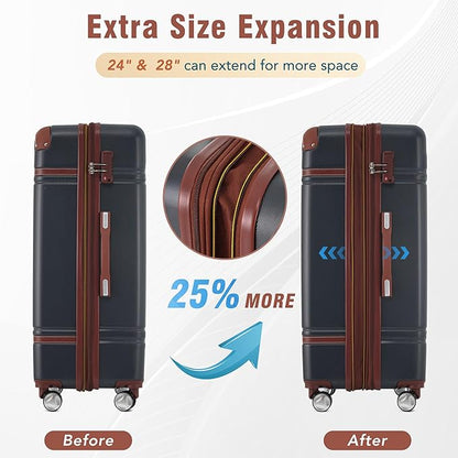 Merax Luggage Set 3 Piece Suitcase Set with Cosmetic Case Expandable Spinner Wheels Vintage Luggage Sets(Black,20"+24"+28")