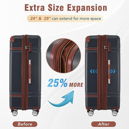 Merax Luggage Set 2 Piece Suitcase Set with Cosmetic Case Expandable Spinner Wheels Vintage Luggage Sets(Black,20"+24")