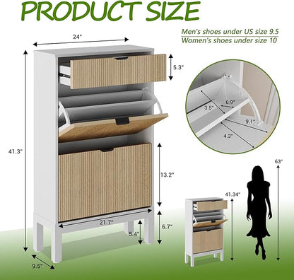 GAOMON Shoe Cabinet with 2 Flip Drawers, Entryway Cabinet with Adjustable Shelves, Accommodate 8 to 12 Pair of Shoes, Space-Saving Slim Shoe Cabinet for Entryway, Hallway, Front Door, White Oak