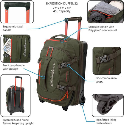 Eddie Bauer Expedition Rolling Duffel Bag with Wheels | Travel | Carry-On | Luggage | Rugged | Durable - Dark Thyme, 22"