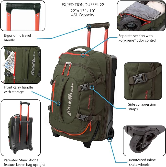 Eddie Bauer Expedition Rolling Duffel Bag with Wheels | Travel | Carry-On | Luggage | Rugged | Durable - Storm, 22"