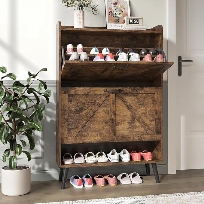 Shoe Cabinet Storage with 2 Flip Drawers, Hidden Shoe Cabinet for Entryway Slim, Farmhouse Shoe Organizer with Wood Legs, Narrow Shoe Rack Cabinet, Rustic Brown