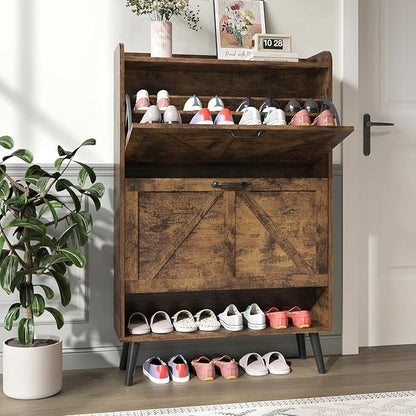 Shoe Cabinet Storage with 2 Flip Drawers, Hidden Shoe Cabinet for Entryway Slim, Farmhouse Shoe Organizer with Wood Legs, Narrow Shoe Rack Cabinet, Rustic Brown