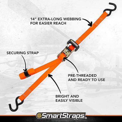 SMARTSTRAPS 10-Foot Ratchet Straps (4pk) – 3,000 lbs Break Strength – 1,000 lbs Safe Work Load Haul Heavier Loads Like Motorcycles, Boats and Large Appliances – Heavy-Duty Padded Tie-Downs, ORANGE (149)