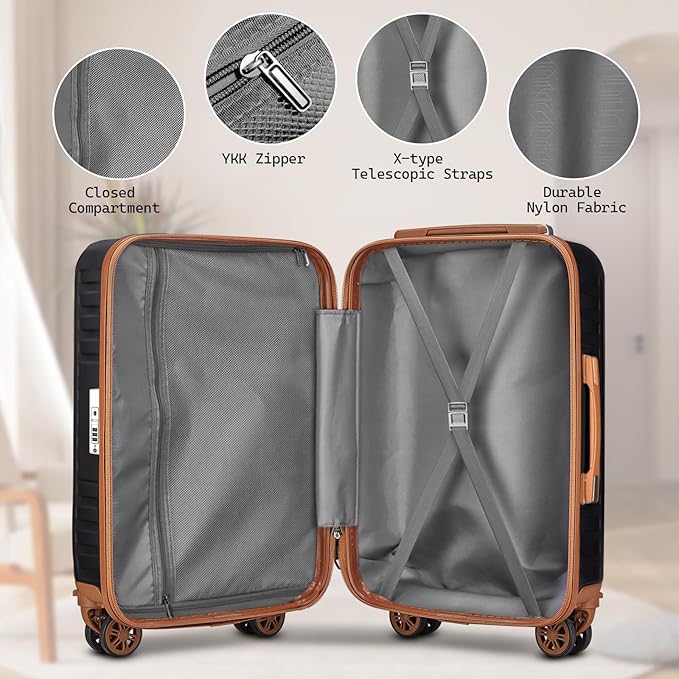 Melalenia Luggage Sets 5 Piece with Duffel Bag, Hard Shell Carry on Suitcase with Spinner Wheels and TSA Lock, Travel Lightweight Luggage Set for Women, Black Brown