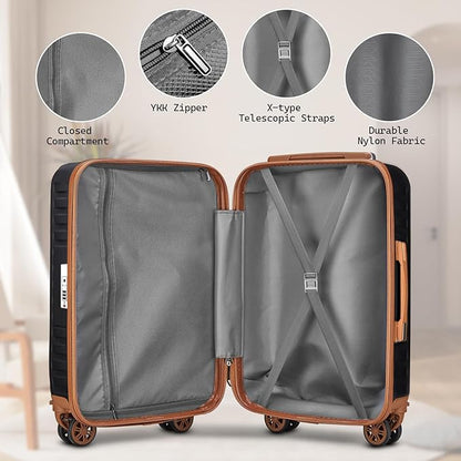 Melalenia Luggage Sets 3 Piece, Hard Shell Carry on Suitcase with Spinner Wheels and TSA Lock, Travel Lightweight Luggage Set for Women, Black Brown