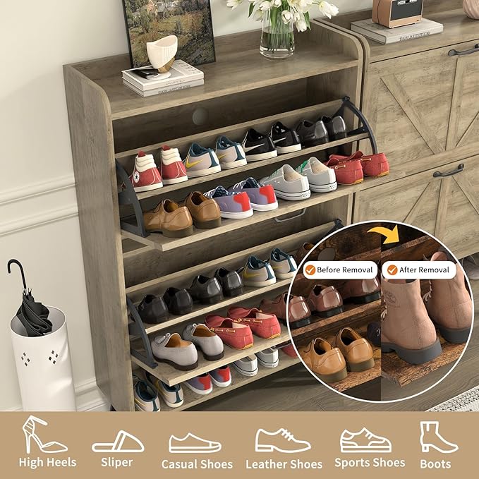 Shoe Storage Cabinet with 2 Flip Drawers, Hidden Shoe Cabinet Storage for Entryway Slim, Farmhouse Shoe Organizer Entryway with Wood Legs, Narrow Shoe Rack Cabinet, Rustic Oak