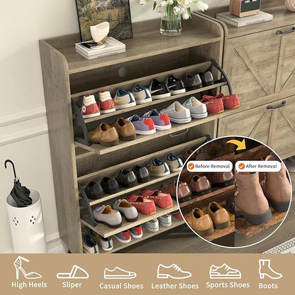 Shoe Storage Cabinet with 2 Flip Drawers, Hidden Shoe Cabinet Storage for Entryway Slim, Farmhouse Shoe Organizer Entryway with Wood Legs, Narrow Shoe Rack Cabinet, Rustic Oak