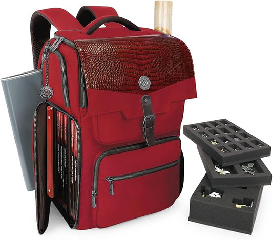 ENHANCE Collector's Edition DnD Backpack - RPG DM Bag for Dungeons and Dragons - DnD Bag fits 6-8 Books, 18" Laptop/DM Screen Slot, Miniature Foam Trays, Accessory Pockets, Map Strap (Dragon Red)