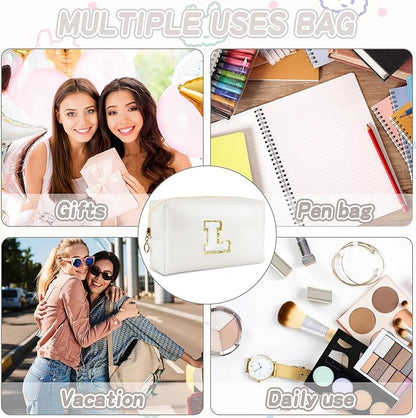 Gifts for Girls Initial Makeup Bag Personalized Cosmetic Bag with Zipper Cute Travel Toiletry Bags Waterproof PU Preppy Makeup Pouch Birthday Gift for Teen Girls Women(White L)