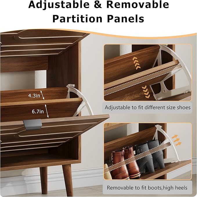 Spaco Walnut Shoe Cabinet Storage for Entryway,Narrow Shoe Organizer Cabinet with 2 Flip Drawers,Slim Shoe Rack with Solid Wood Leg for Hallway,Closet