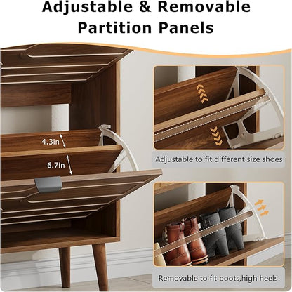 Spaco Walnut Shoe Cabinet Storage for Entryway,Narrow Shoe Organizer Cabinet with 2 Flip Drawers,Slim Shoe Rack with Solid Wood Leg for Hallway,Closet