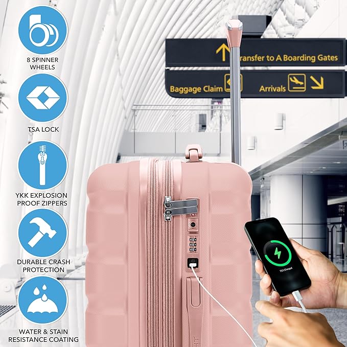 Flight Knight 24x16x10 Expandable Carry On Suitcase Hardside TSA Lock USB C Lightweight Luggage Silent Double Spinner Wheels Maximum Overhead Carry-On Bag For Virgin & South West Approved Airlines