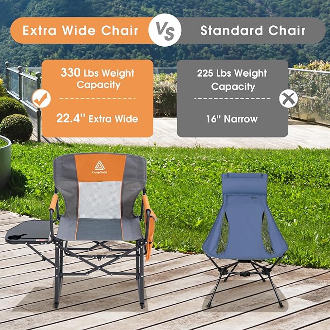 Wide Folding Director Chair with Table, Outdoor Camping Chair for Adults with Cup Holder Load 330 Lbs, Portable Lightweight Chair for Outside with Carry Bag for Patio, Orange-1Pack