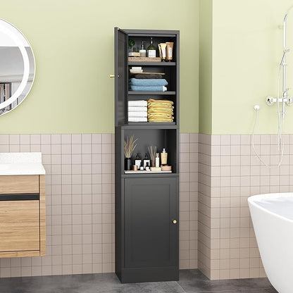Tall Narrow Storage Cabinet - 67" Slim Bathroom Organizer with 3 Adjustable Shelves, 2 Doors (Left/Right Opening),Metal Floor Cabinet for Small Spaces, Bathroom & Kitchen (Metal, Black)