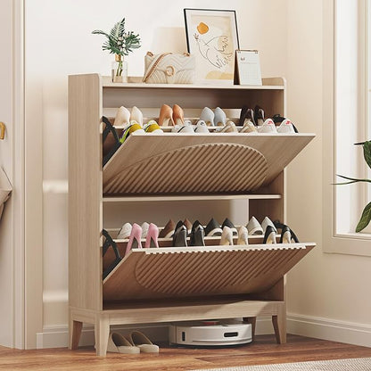 Shoe Cabinet with 2 Flip Drawers, Narrow Wooden Shoe Storage Cabinet for Entryway, Free-Standing Shoe Organizer with Rattan-Style Doors, Space-Saving Shoe Rack for Heels, Boots & Slippers(White)