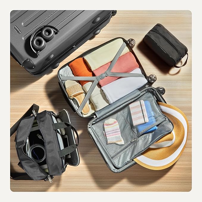 Amazon Basics 4-Piece Luggage Set, Including Two Hardside Suitcases With Multi-directional Spinner Wheels (22" Carry-On and 28" Checked), One 15-inch Tote Bag and One 10-inch Compact Travel Bag, Black