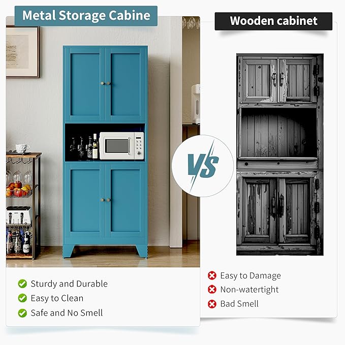 69" Tall Metal Kitchen Pantry Storage Cabinet with Microwave Stand | White | Modern Freestanding Food Buffet Cabinet | Kitchen Hutch | Coffee Bar Hutch for Dining & Living Room