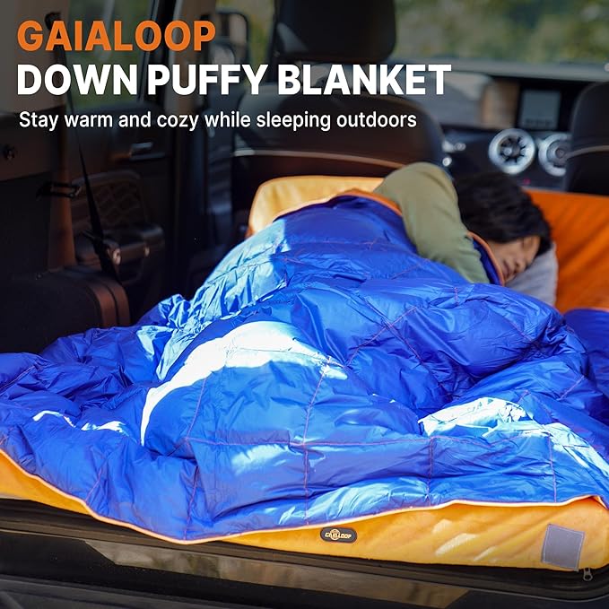 Down Puffy Blanket for Car Camping Outdoor Travel Backpacking, Duck Down Lightweight Portable Soft Warm Cozy Camping Blanket Quilt, 53"x78", Lake Blue