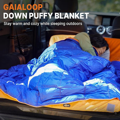 Down Puffy Blanket for Car Camping Outdoor Travel Backpacking, Duck Down Lightweight Portable Soft Warm Cozy Camping Blanket Quilt, 53"x78", Lake Blue