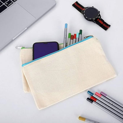 12 Pieces Cotton Canvas Makeup Bag, Multipurpose Cosmetic Bag with Zipper Travel Toiletry Pouch, Blank DIY Craft Bag (Beige, L)