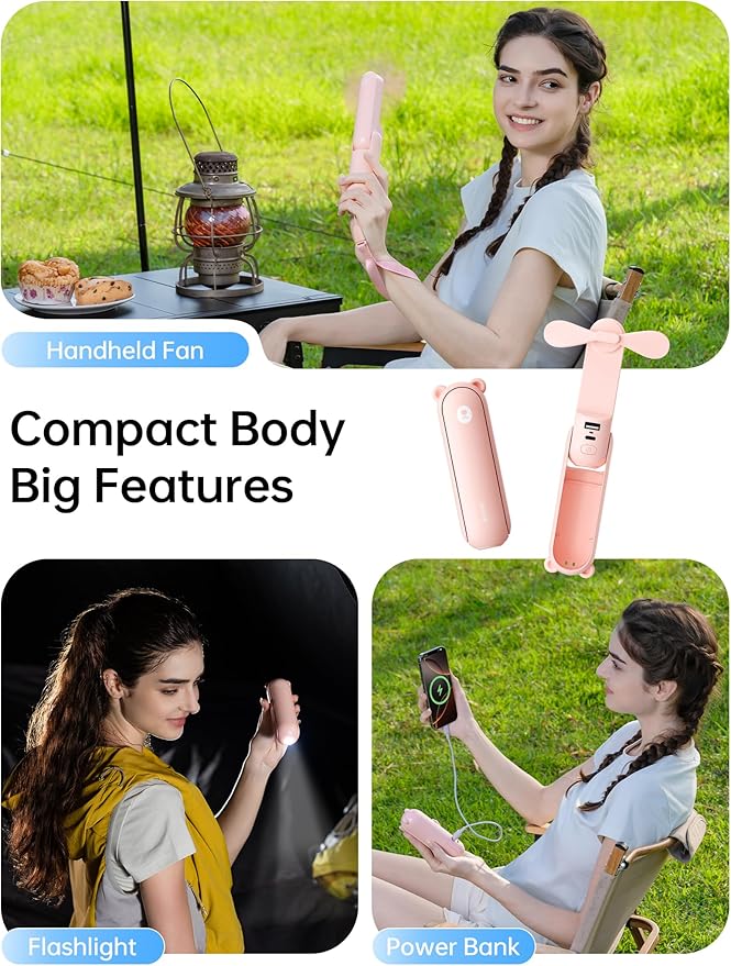 JISULIFE Handheld Fan with 4500 mAh Powerbank Max 37 Hours Runtime, Pocket Portable Battery Operated or USB Powered Folding Personal Fan, 3 Speeds, Gifts for Women Men Kids Gift for Festival-Pink