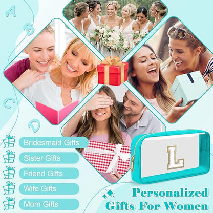 Personalized Initial Letter Clear Makeup Bag,Preppy Small Nylon&PVC Cosmetic Zipper Bag with Chenille Letter,Portable Beach Travel Skincare Toiletry Bag,Trendy Monogram Gift for Teen Girls Women,L