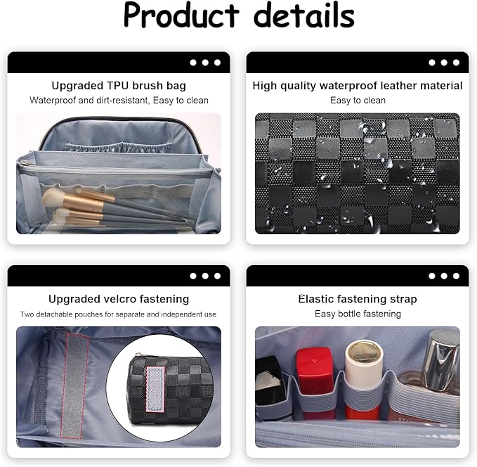 BOYATU Travel Makeup Bag Organizer Cosmetic Bag: 3 Pcs Set Make up Bags for Women with Handle - Waterproof Vegan Leather Toiletry Bags Travel Essentials Pouch with Compartments (01-Black)