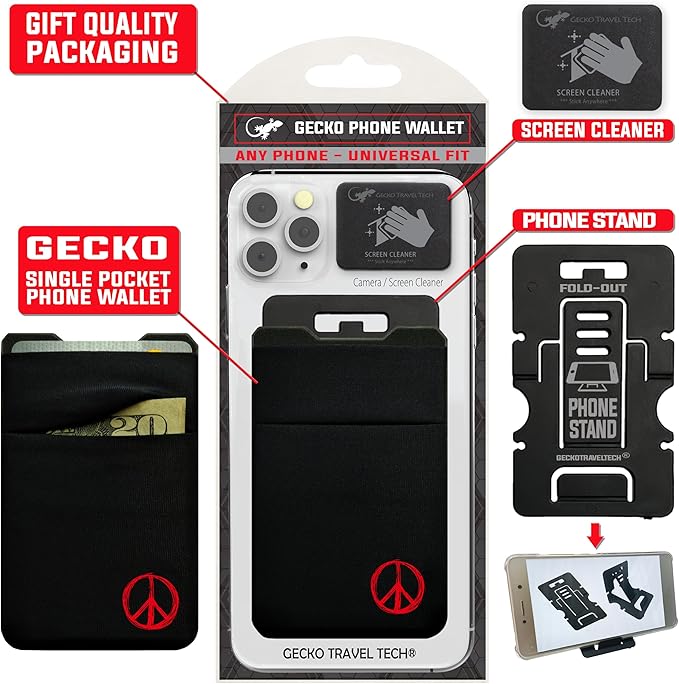 Gecko Travel Tech Double Pocket - Adhesive Card Holder - Cell Phone Pouch - Stick on Spandex Pocket - Carry Credit Cards and Cash (Peace)