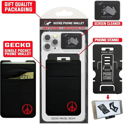 Gecko Travel Tech Double Pocket - Adhesive Card Holder - Cell Phone Pouch - Stick on Spandex Pocket - Carry Credit Cards and Cash (Peace)