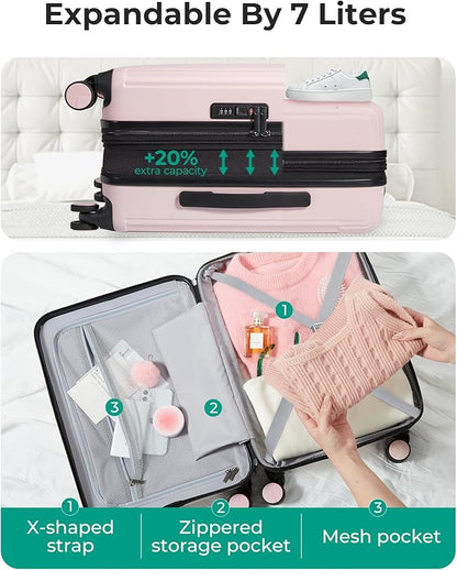 BAGSMART Carry On Luggage 22x14x9 Airline Approved with Spinner Wheels,100% PC Hardside Expandable Luggage with TSA Lock for Trips, 20 Inch Rolling Suitcases for Men Women,BlackPink