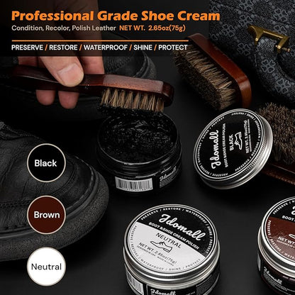Shoe Care Kit - 16pc, Blue: Premium Deluxe Shoe Polish Kit - Black, Brown & Neutral Polish, Horsehair Brushes, Buffing Cloth & More for Leather Shoes & Boots Care