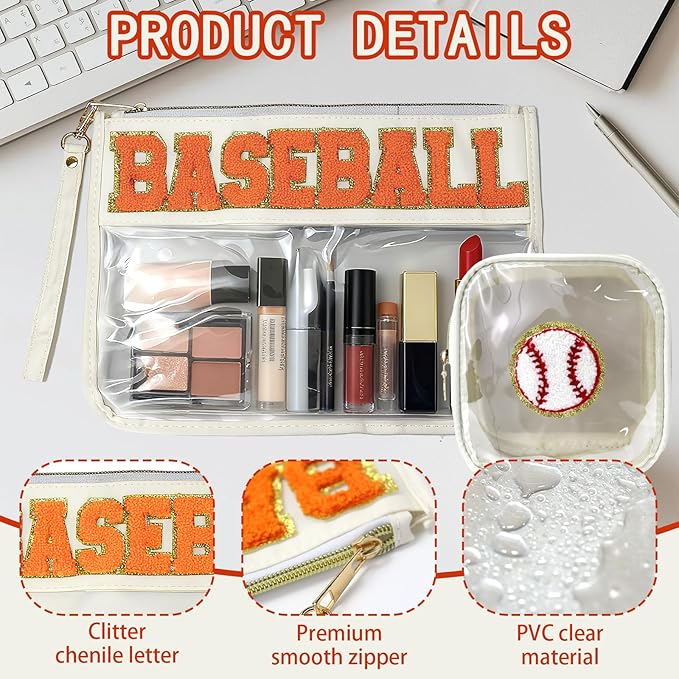 2 Pcs Baseball Gifts Makeup Bag with Chenille Letter Patch,with Handles Baseball PVC Waterproof Clear Makeup Bag,Portable Toiletry Storage Bag,Players & Fans Birthday, Team or Sports Lover Presents